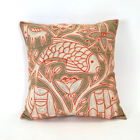 Beige, White + Orange Fish Hand Embroidered Pillow Cover