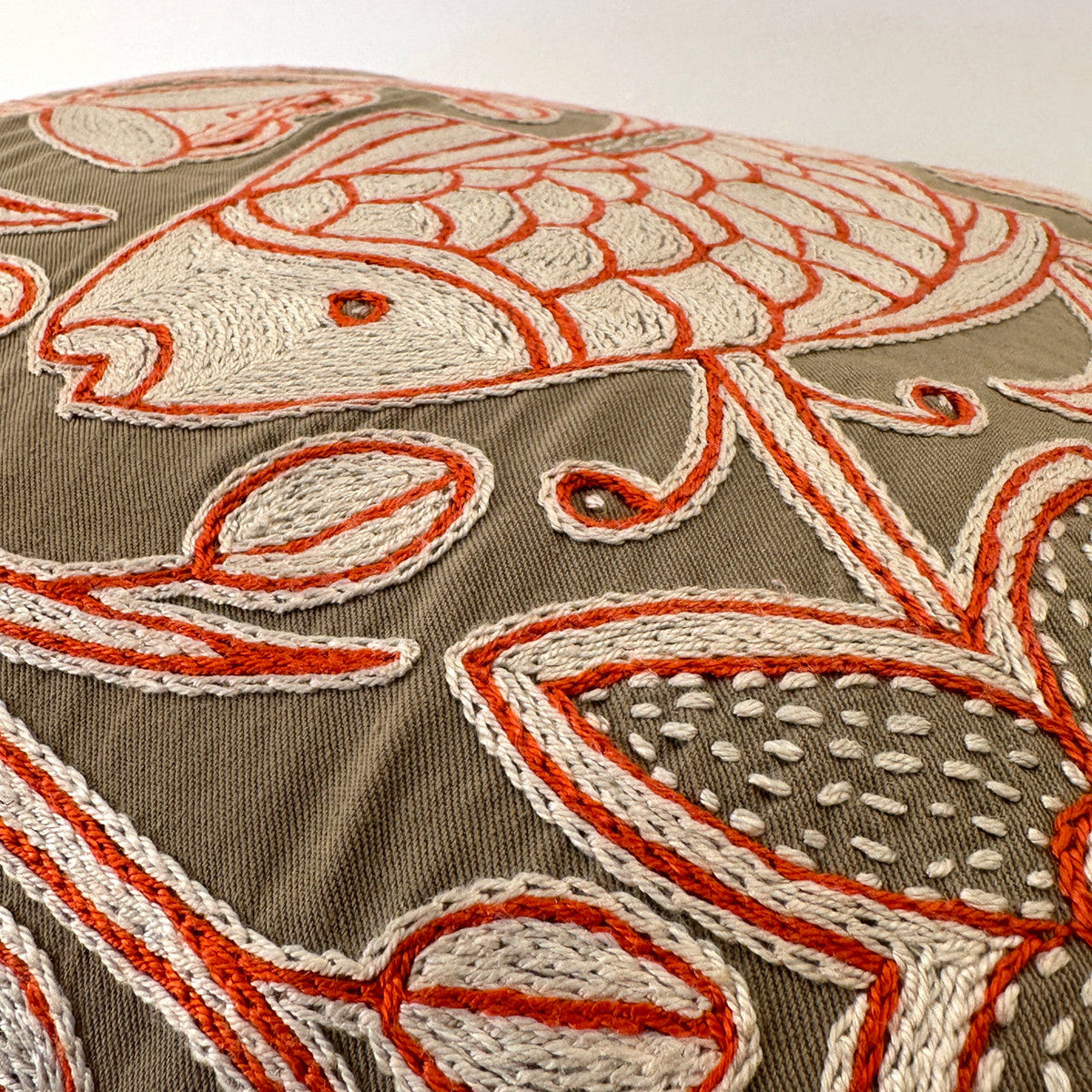 Beige, White + Orange Fish Hand Embroidered Pillow Cover