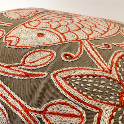 Beige, White + Orange Fish Hand Embroidered Pillow Cover by Mbare Ltd - product image 2 for Resin Society