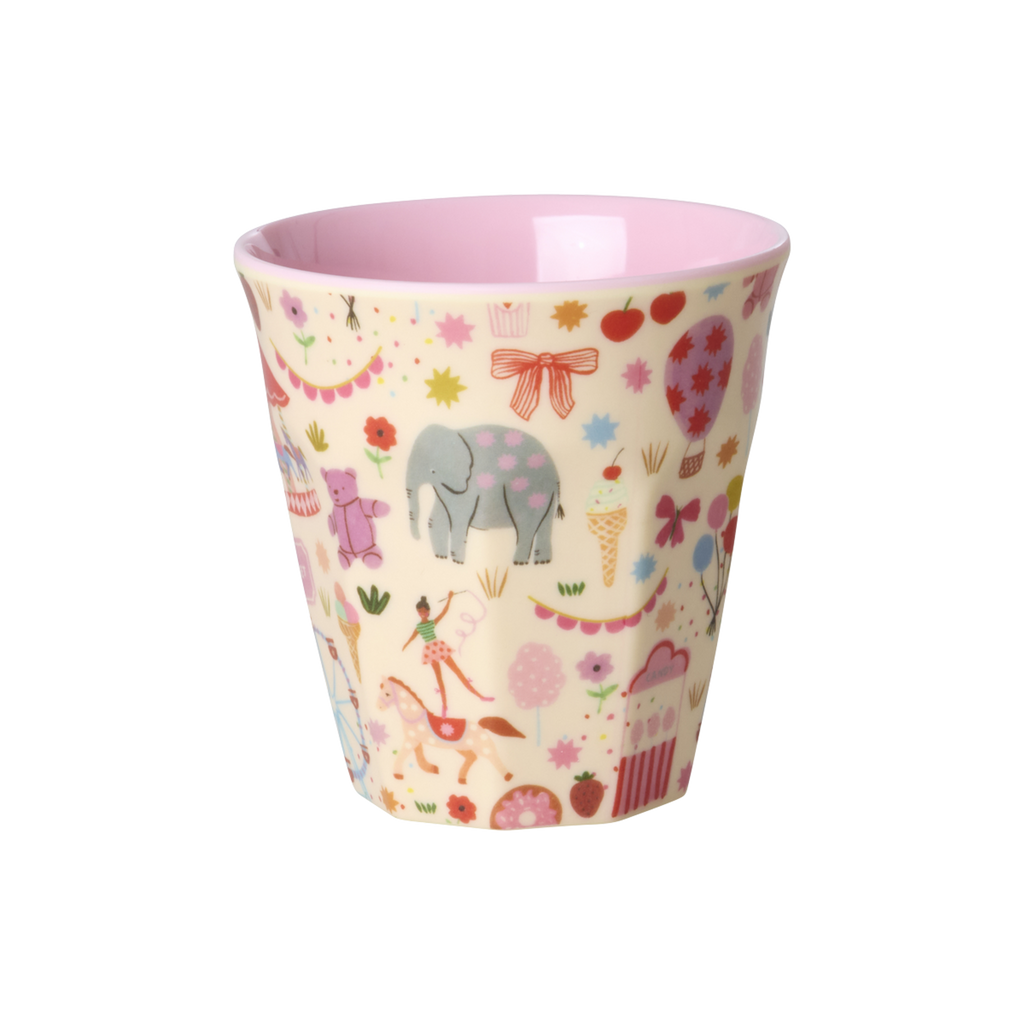 Small kids melamine cup with Fun Fair Pink print on white background