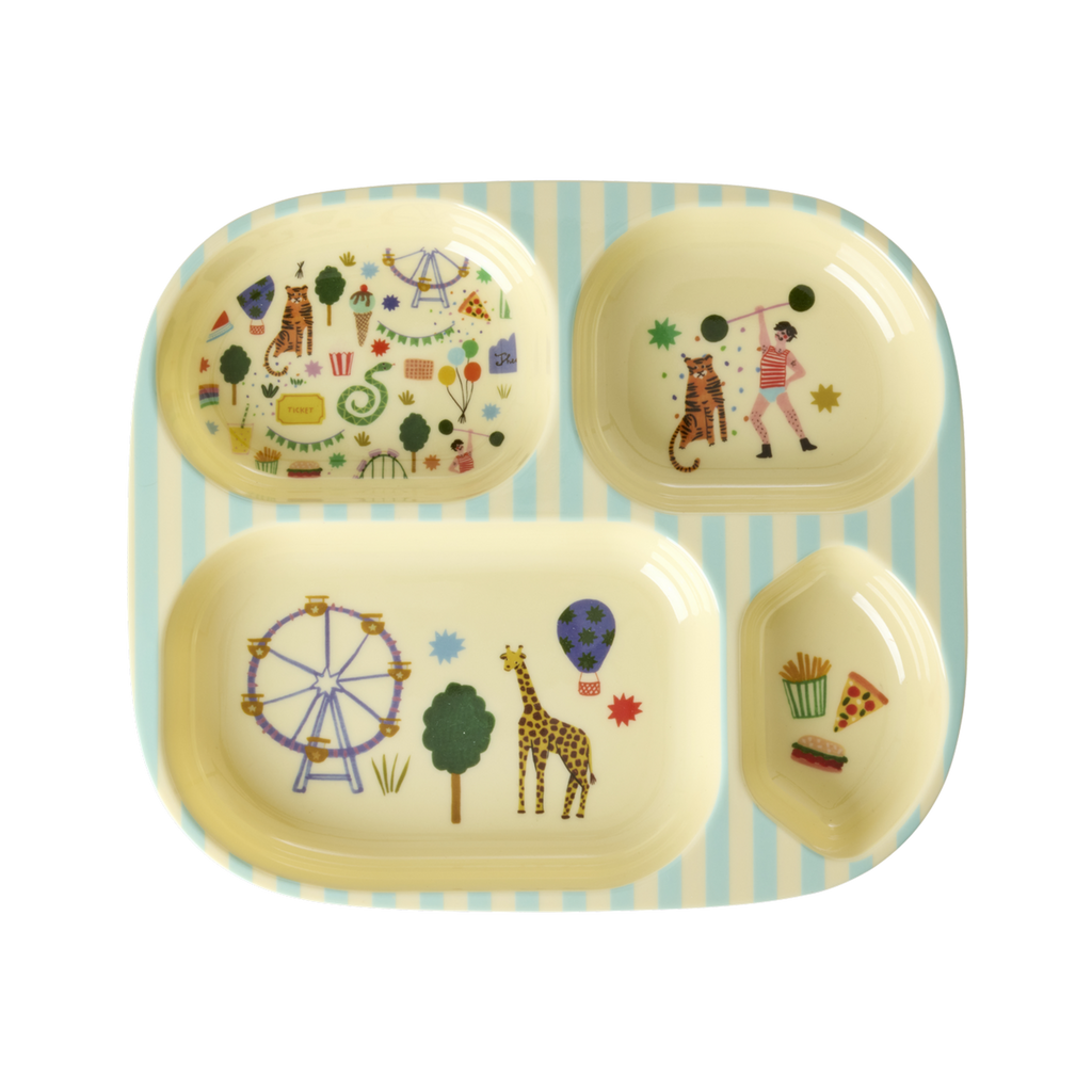 Melamine Kids 4 Room Plate with Fun Fair Mint Print featuring colorful illustrations in mint, orange, and black tones