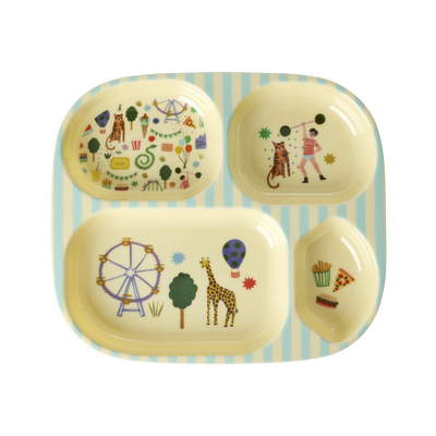 Melamine Kids 4 Room Plate with Fun Fair Mint Print featuring colorful illustrations in mint, orange, and black tones