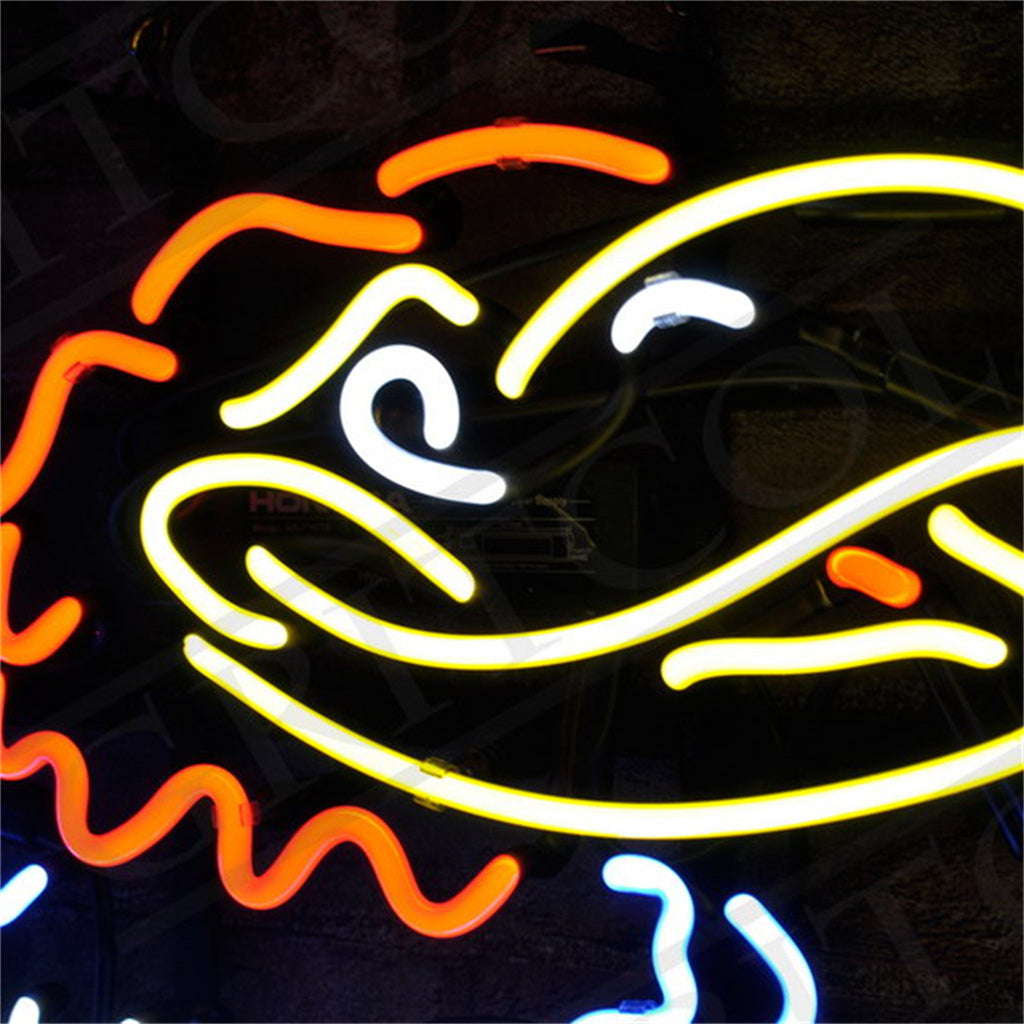 Bright neon sign depicting a stylized bird head with yellow beak, white eye, and red and orange feathers set against a dark background.