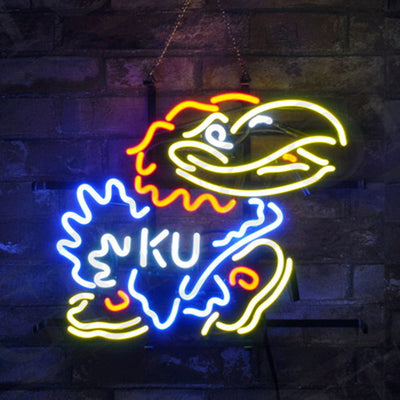 Kansas Jayhawks Neon Sign Light showing vibrant neon mascot on metal grid backing