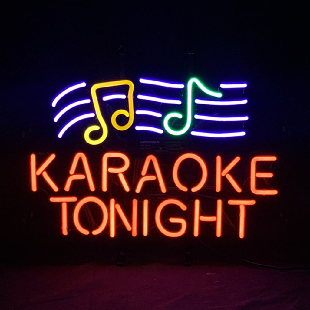 Neon sign with orange text 'KARAOKE TONIGHT' below purple staff lines and yellow and green musical notes glowing in dark setting.