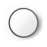 Round wall mirror with a thin black metal frame casting a soft shadow on a white background.