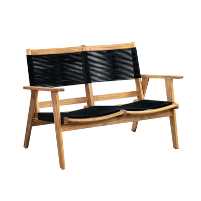 Kingsmen Loveseat Bench showing warm teak acacia wood frame and black cordage suspension seat in a bright room setting.