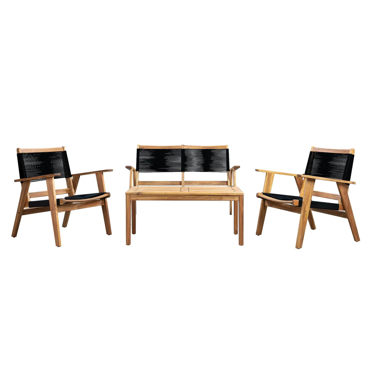 Outdoor seating set with two armchairs and a two-seat bench, featuring natural wood frames and black woven seats and backrests, shown against a white background.