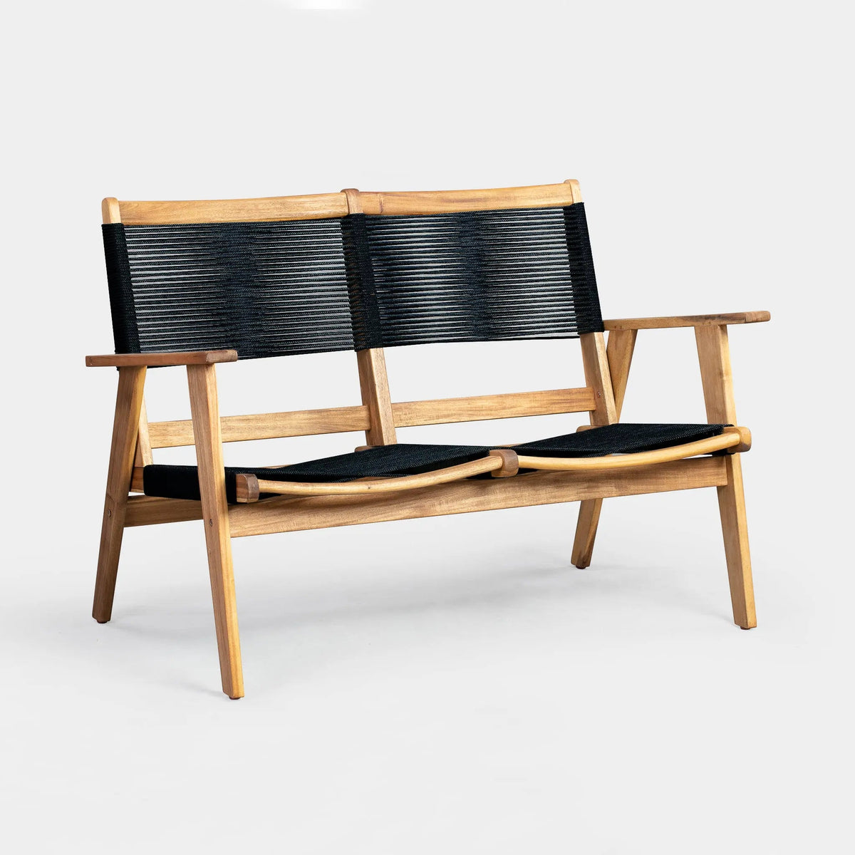 Two-seater wooden bench with black woven backrest and seat, featuring light natural wood frame and armrests, shown against plain white background.