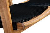Close-up of black woven seat on Kingsmen Sofa Bench with smooth brown wooden frame showing rounded corner detail.