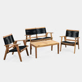 Mid-century modern outdoor furniture set with woven black backs and seats, including two armchairs, a sofa, and a rectangular wooden coffee table with a tray.
