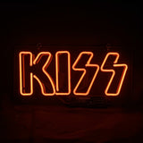 Rectangular neon sign glowing orange-red that spells KISS with two stylized lightning bolt 'S' letters against a dark background.