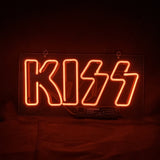 Kiss Neon Sign with pink luminous lettering on acrylic backing