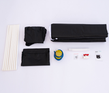 Disassembled parts of a RevX Ice Pod laid out on a white background, including black fabric panels, white tubing, a yellow component with blue base, and small plastic connectors.