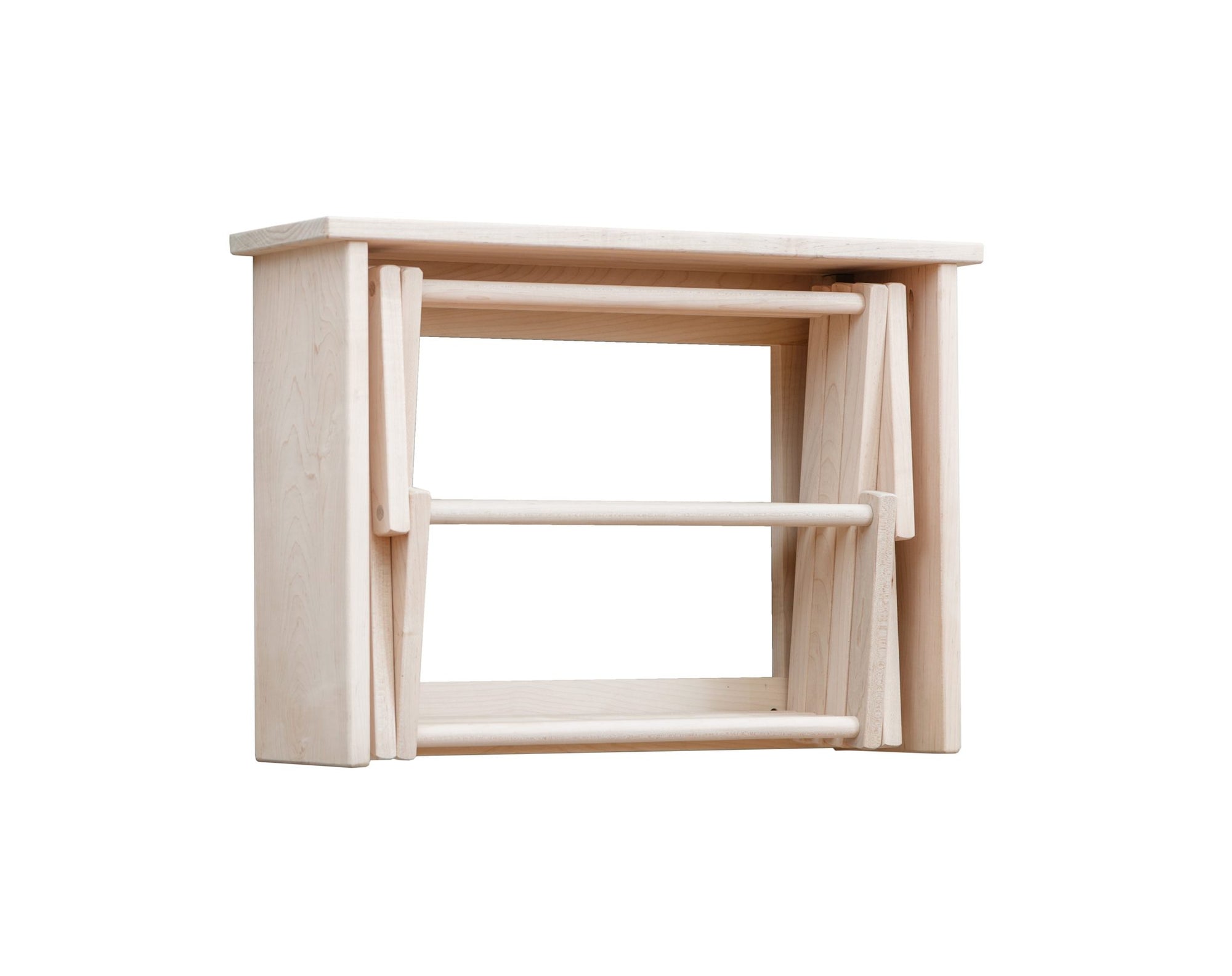 Solid maple hardwood wall-mounted folding clothes drying rack with multiple dowels for drying laundry