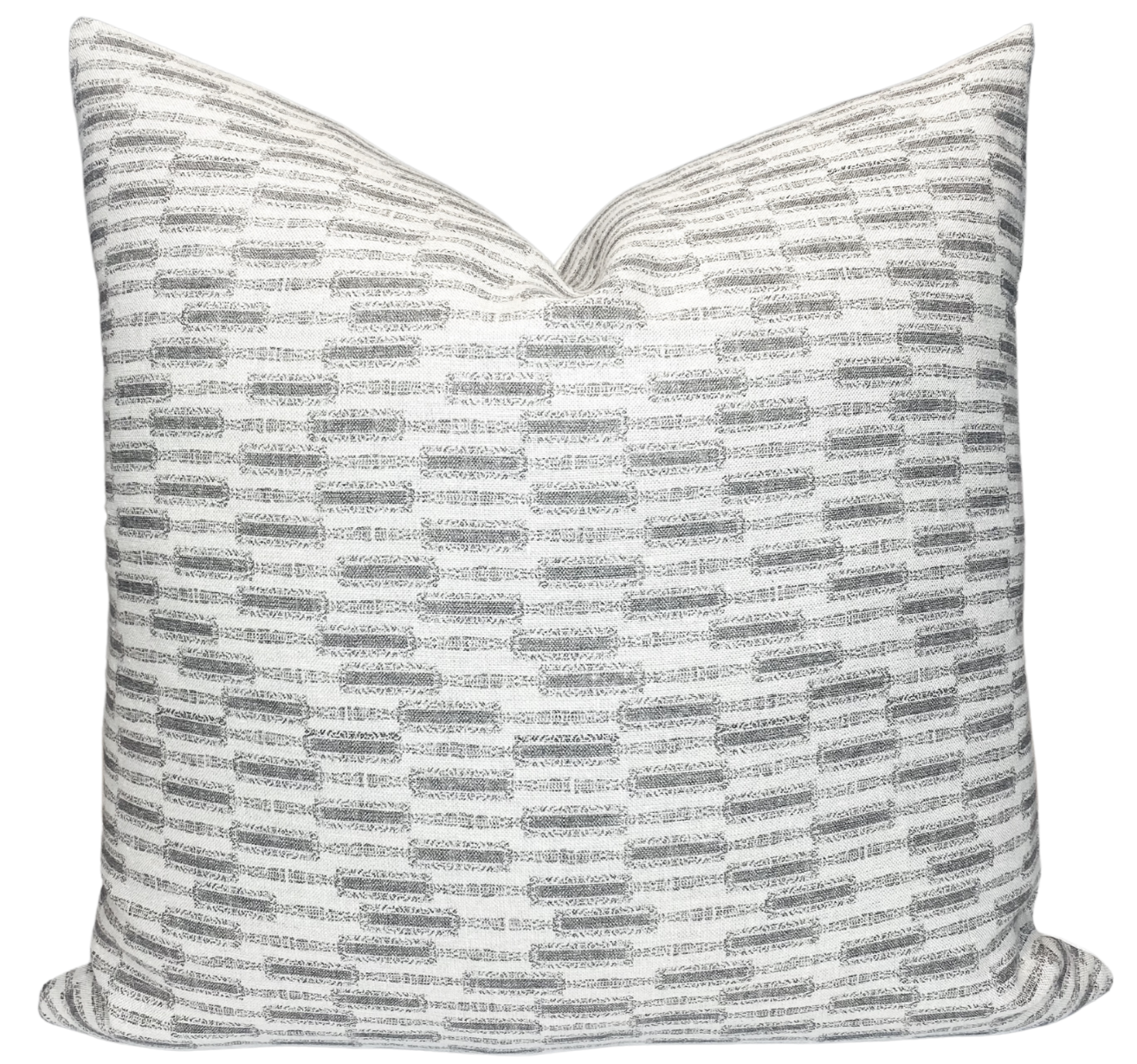 Lacuna Pillow Cover in Kohl front and back views showing dark printed fabric front and ivory linen back with zipper closure.