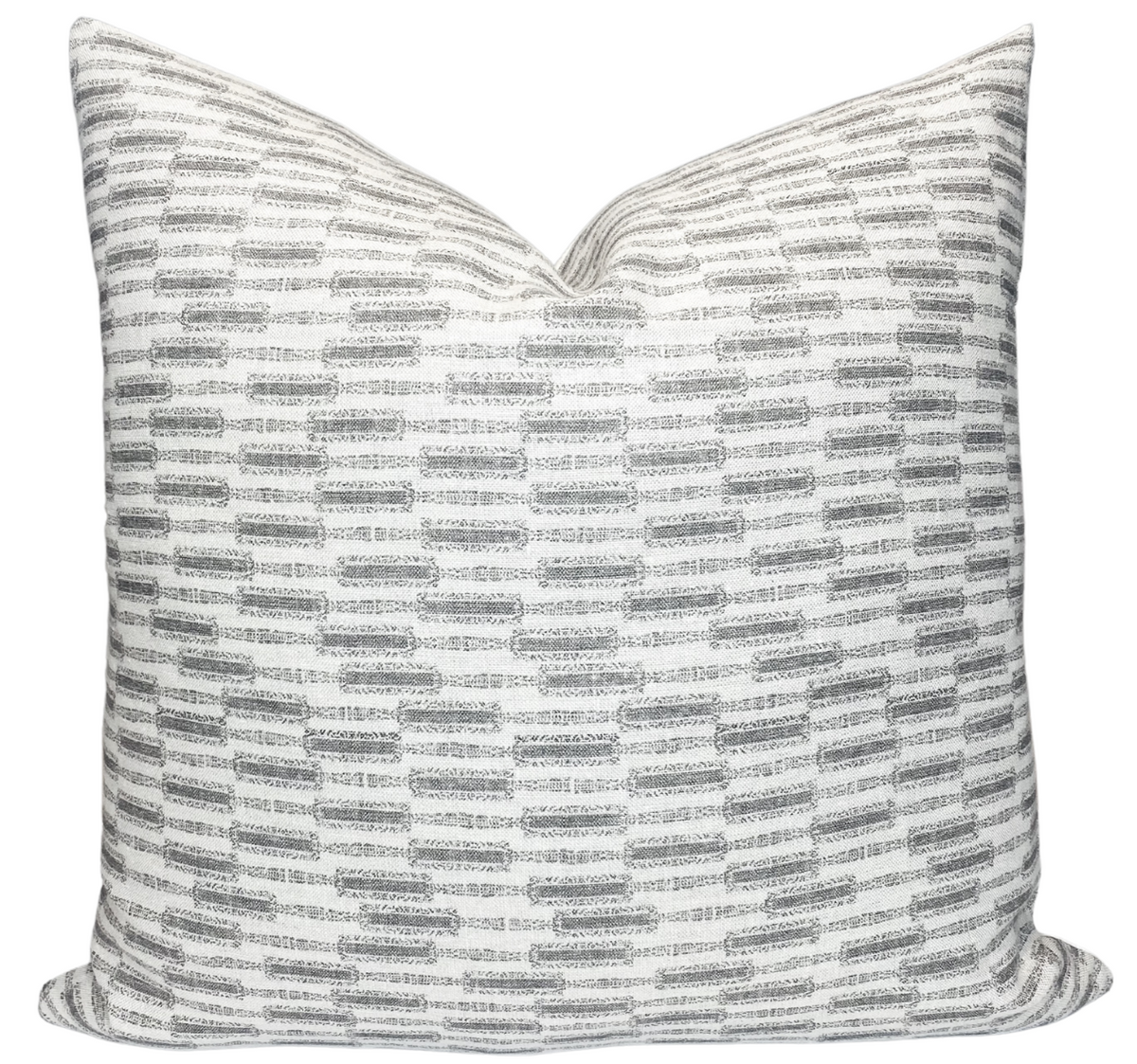 Lacuna Pillow Cover in Kohl front and back views showing dark printed fabric front and ivory linen back with zipper closure.