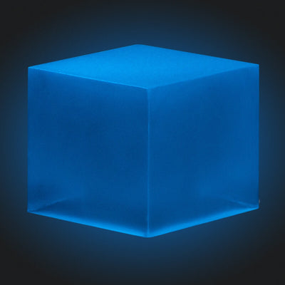 Sky Blue Glow in the Dark Epoxy Powder Pigment in container and applied in epoxy resin projects