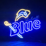 Neon sign with bright blue letters spelling 'Blue' and smaller yellow and blue elements depicting a stylized ram's head and a flaming torch.