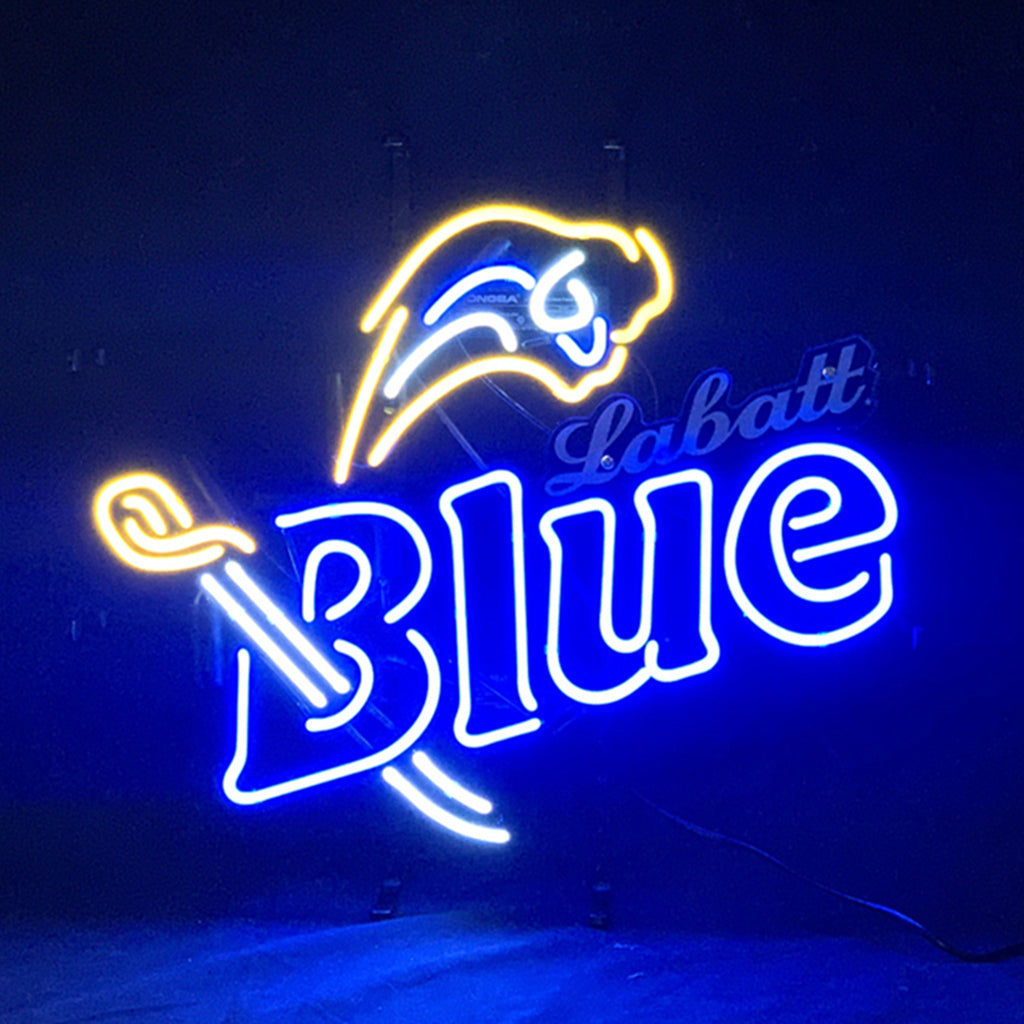 Labatt Blue Beer Rams Neon Sign glowing in blue and red on a dark wall