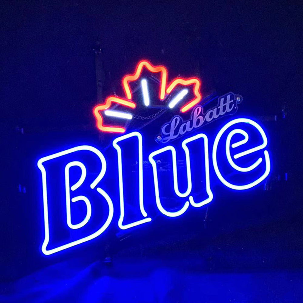 Labatt Blue Beer Logo Neon Sign illuminated on wall with blue and white light