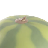 Close-up of the top of a round lamp resembling a watermelon with alternating light and dark green stripes and a small brown stem at the center.