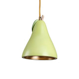 Ceiling lamp shaped like a pale green pear with a gold inner shade and matching gold suspension cord, featuring a small stem detail at the top.