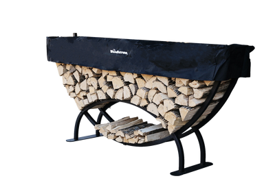 Woodhaven 8 ft Large Crescent Firewood Rack with seasoning cover holding firewood outside a house