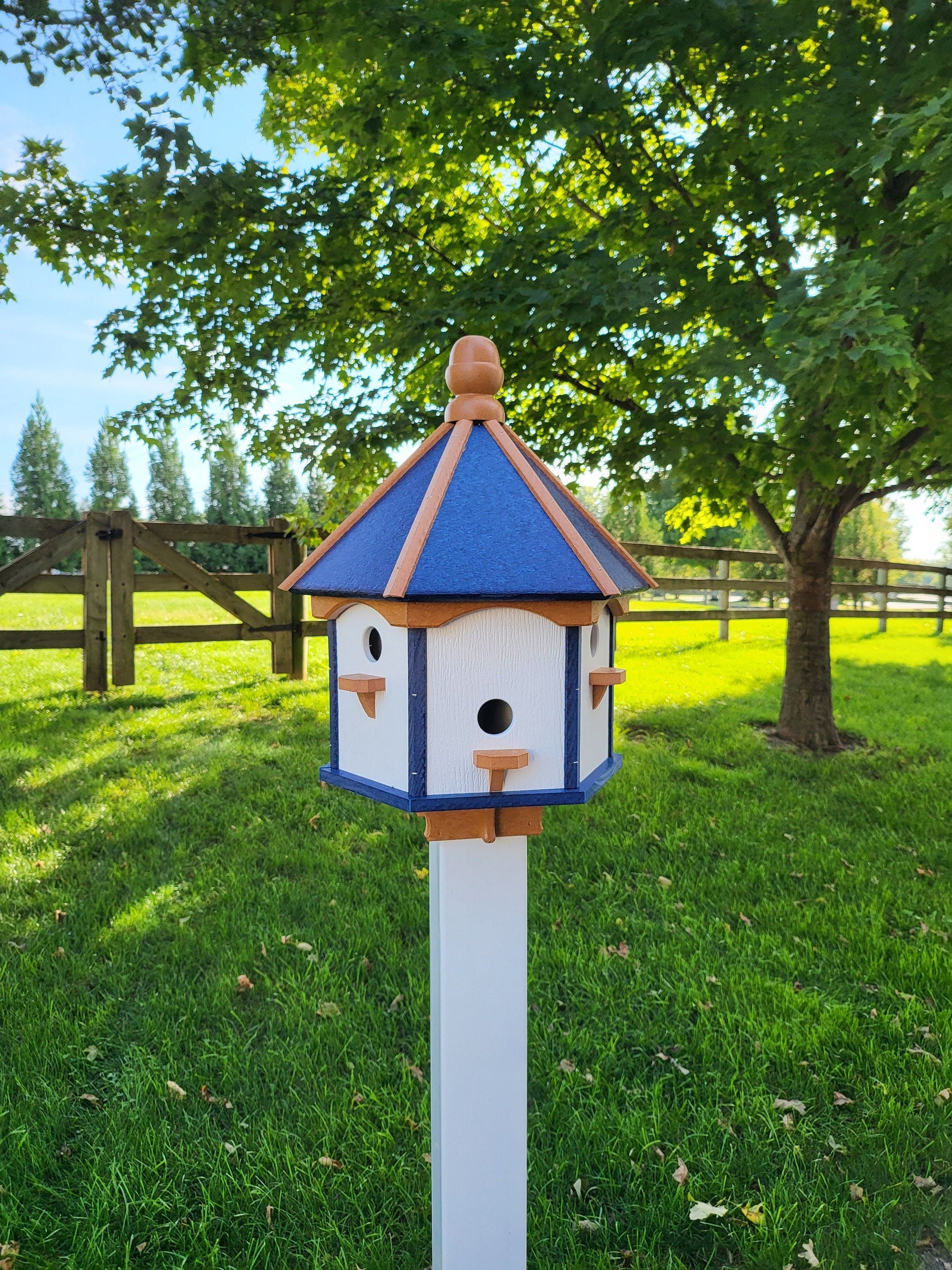 Extra large Amish-made poly birdhouse with six nesting compartments in navy blue with cedar trim