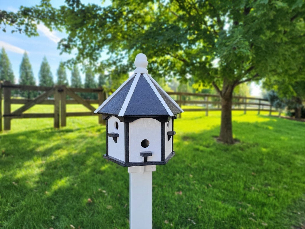 Extra large Amish-made poly birdhouse with six nesting compartments in navy blue with cedar trim