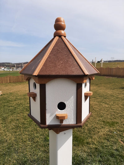 Extra large Amish-made poly birdhouse with six nesting compartments in navy blue with cedar trim