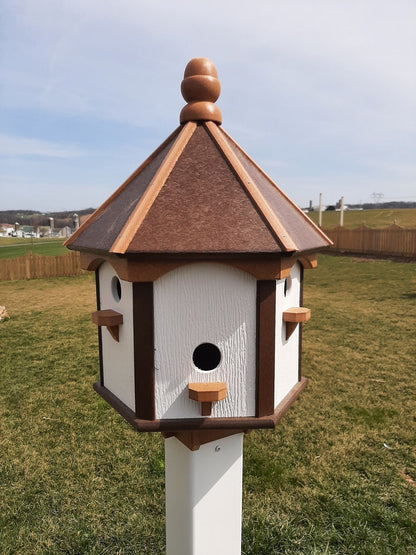 Extra large Amish-made poly birdhouse with six nesting compartments in navy blue with cedar trim