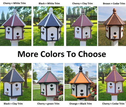 Extra large Amish-made poly birdhouse with six nesting compartments in navy blue with cedar trim