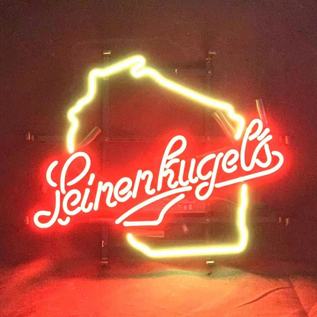 Leinenkugels Beer with Wisconsin Map Neon Sign illuminated with glass tubes on metal grid backing