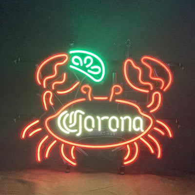 Lime Lemon Crab Corona Extra Neon Light Sign hanging on wall with vibrant neon colors showing lime, lemon, crab and corona text