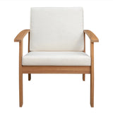 Front view of a wooden armchair with a light brown frame and white cushioned seat and backrest, featuring curved armrests and clean, straight legs.