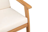Close-up of a wooden armchair's armrest and cushioned seat in light beige fabric, showing smooth wood grain and clean, minimalist design.