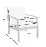 White cushioned armchair with light wooden frame, showing dimensions for seat height, width, depth, backrest height, armrest height, and overall chair size.