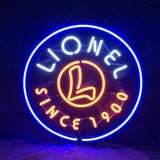 Lionel Since 1900 Neon Signs Light glowing brightly on metal grid backing hanging indoors