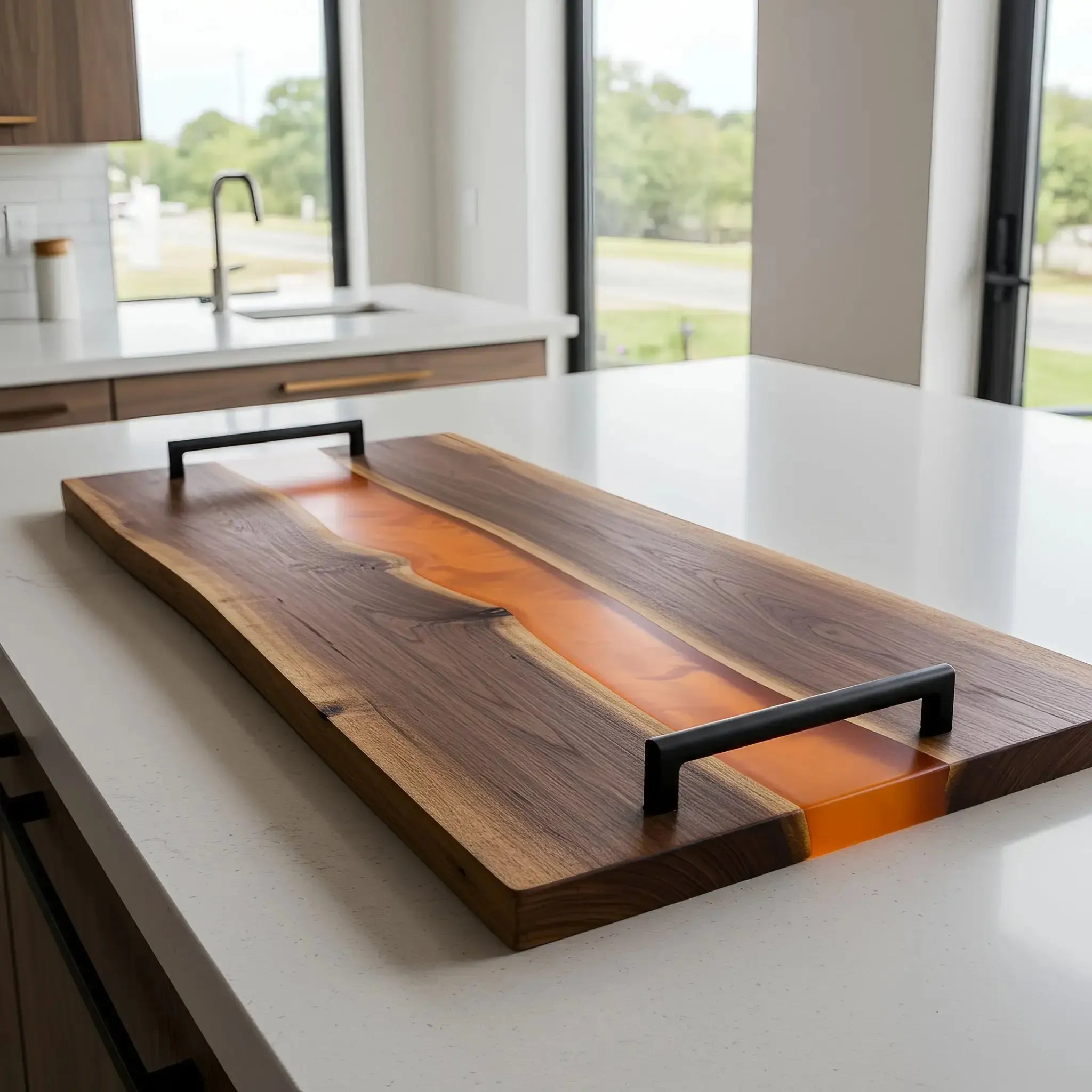 charcuterie board, 18 inches by 9 inches, made from live edge black walnut wood with a matte burnt orange epoxy river running through the center. The resin has a warm, natural tone—like amber or terracotta—with a soft, non-glossy finish. Matte black metal handles at each end have a clean, architectural shape with an extended top bar.