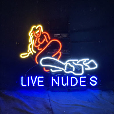 Live Nudes Girl Neon Signs Light showing pink neon outline of a girl on metal grid backing with chain hanger