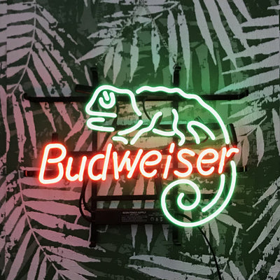 Lizard Budweiser Neon Light Sign mounted on a wall, glowing with bright neon light