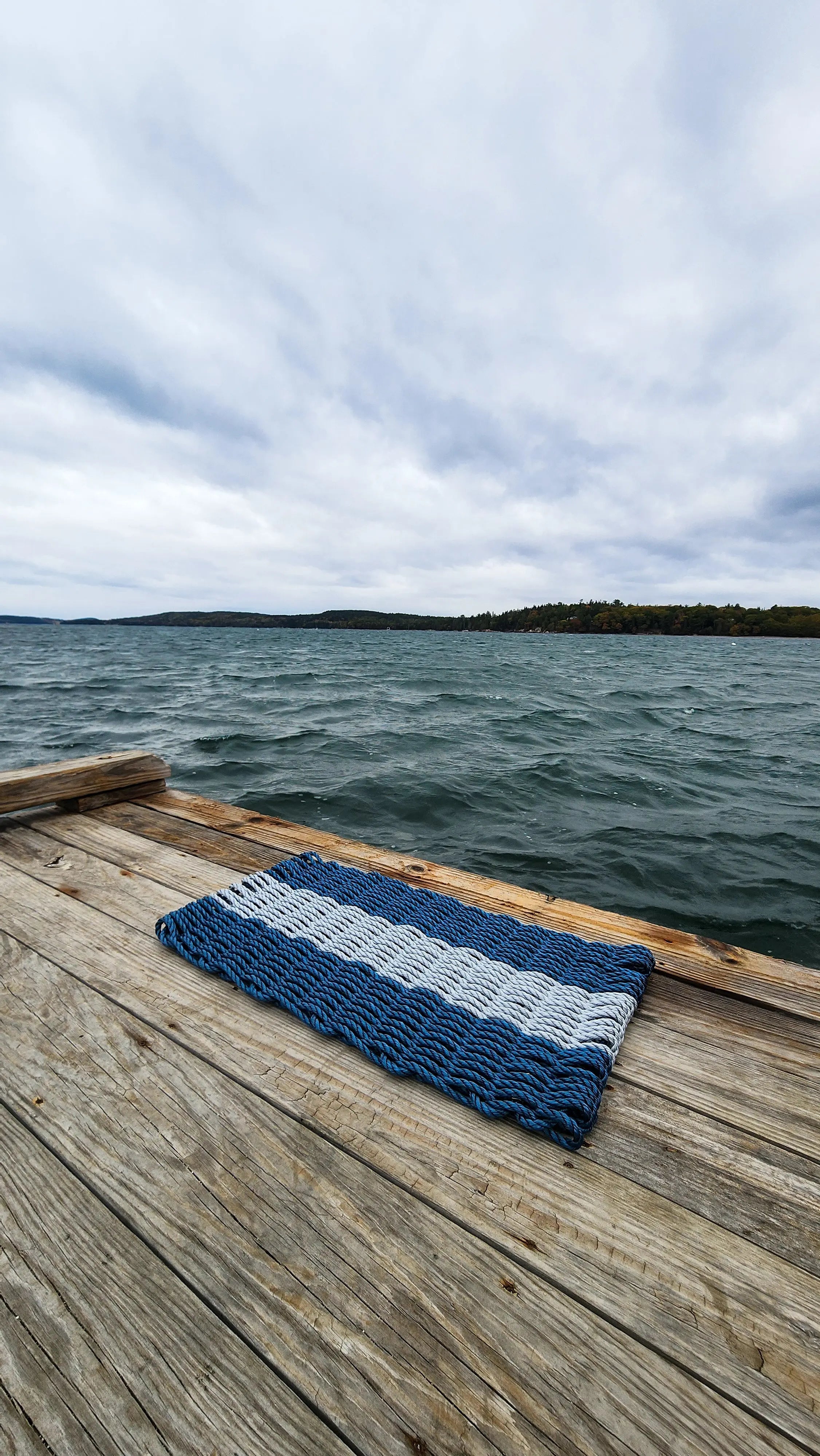 Navy Blue and Light Gray Handmade Lobster Rope Mat by Little Salty Rope