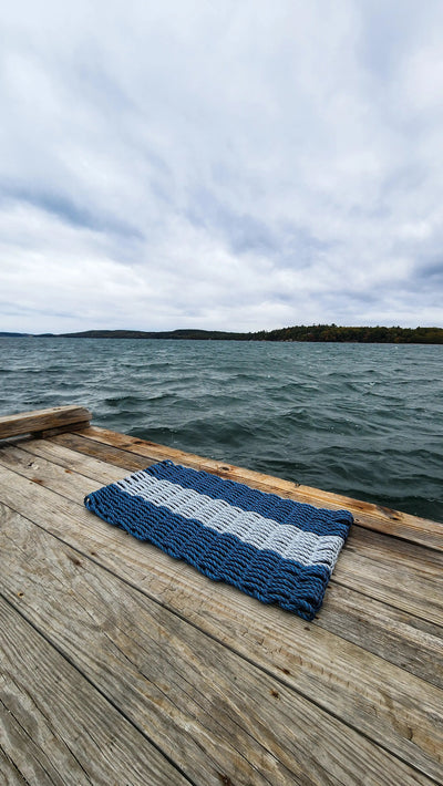 Navy Blue and Light Gray Handmade Lobster Rope Mat by Little Salty Rope