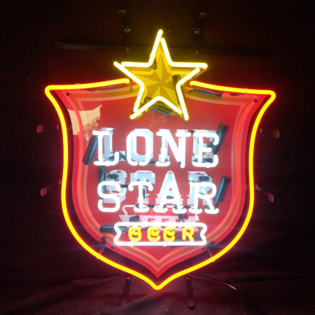 Lone Star Beer Neon Sign glowing on acrylic printed metal grid backing