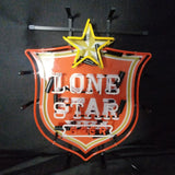 Neon sign shaped like a red shield with a yellow star on top and the words 'LONE STAR BEER' in white neon letters inside.