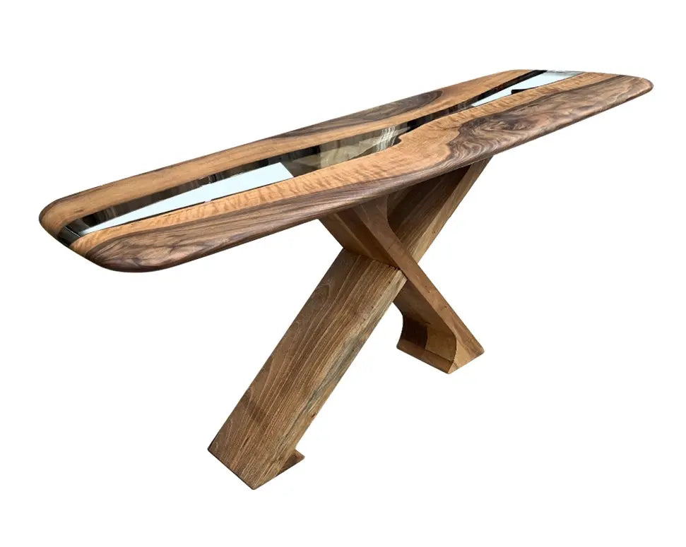 Handmade solid walnut console table with epoxy resin and live edge design