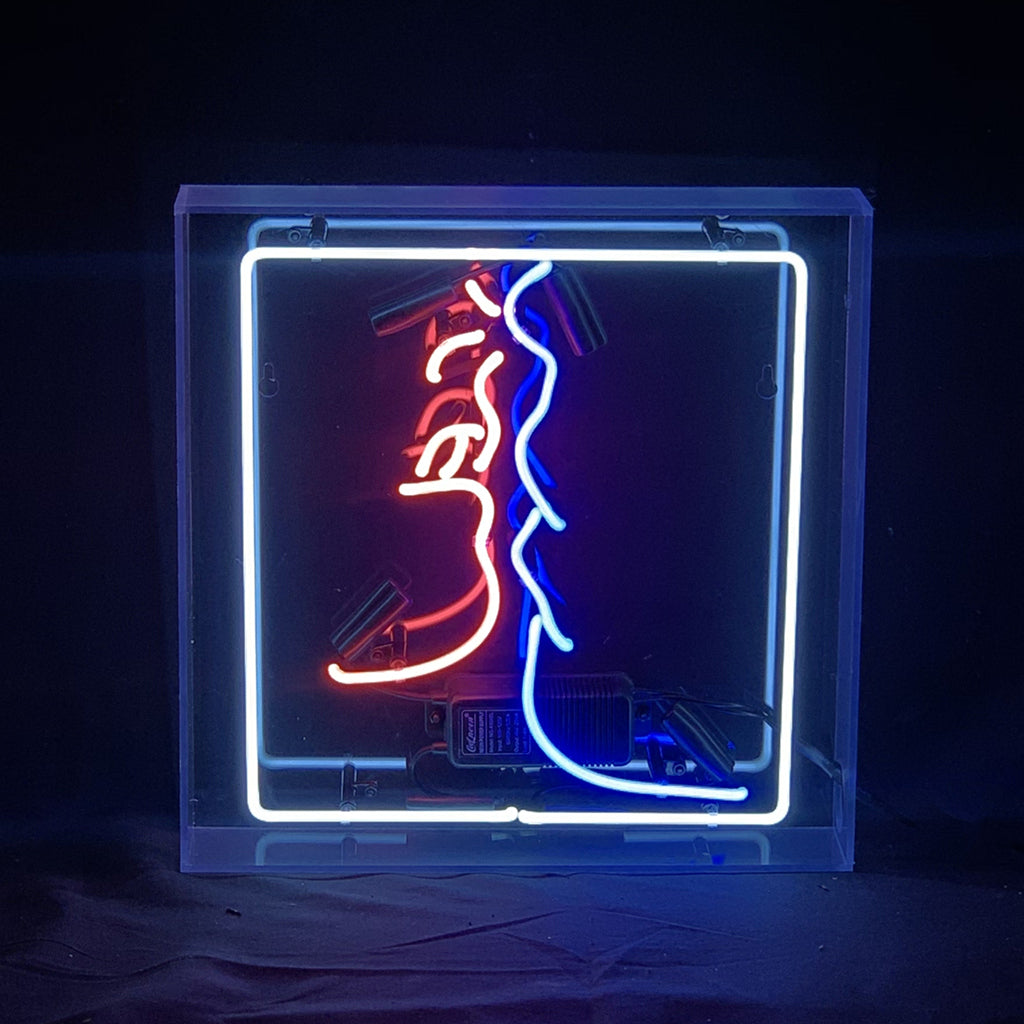 Neon light sign depicting two faces kissing with a white rectangular border, featuring red and blue outline details against a dark background.
