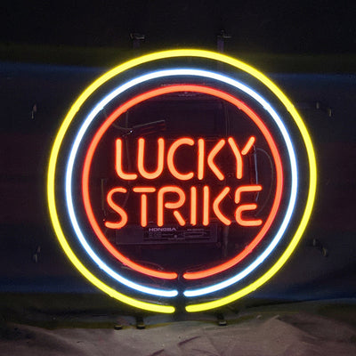 Lucky Strike Cigarette Neon Sign Light glowing with red and white neon tubes on a metal grid backing