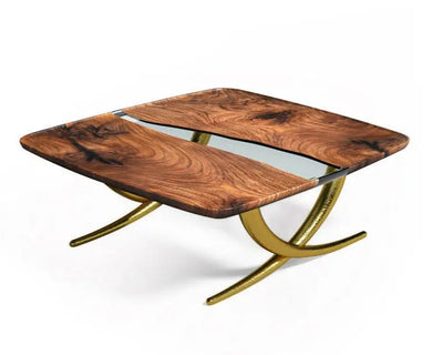 Ivory shaped epoxy resin coffee table made with walnut wood and aluminum legs
